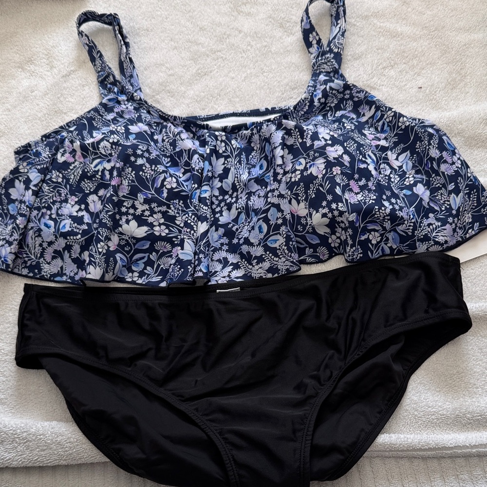 Navy Floral Bikini Set with Black Bottom